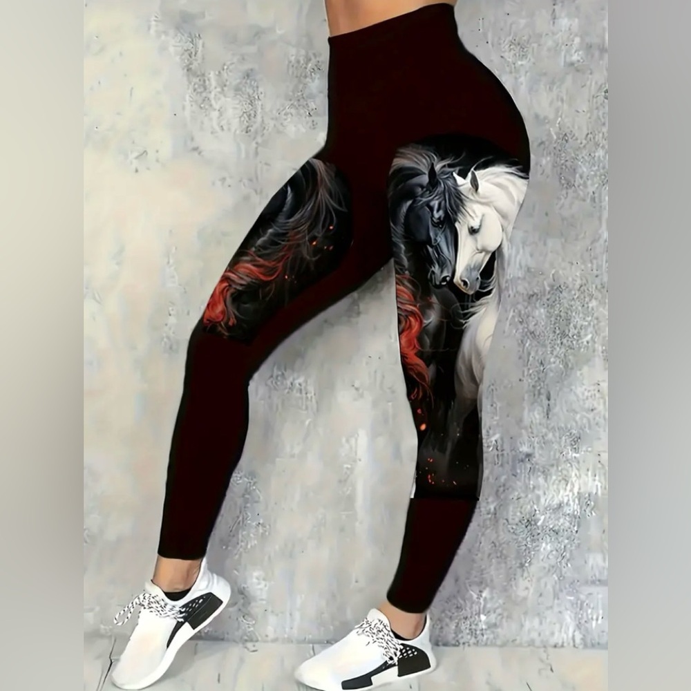 Black Leggings with White and Red Horse Print - Picture 4 of 4